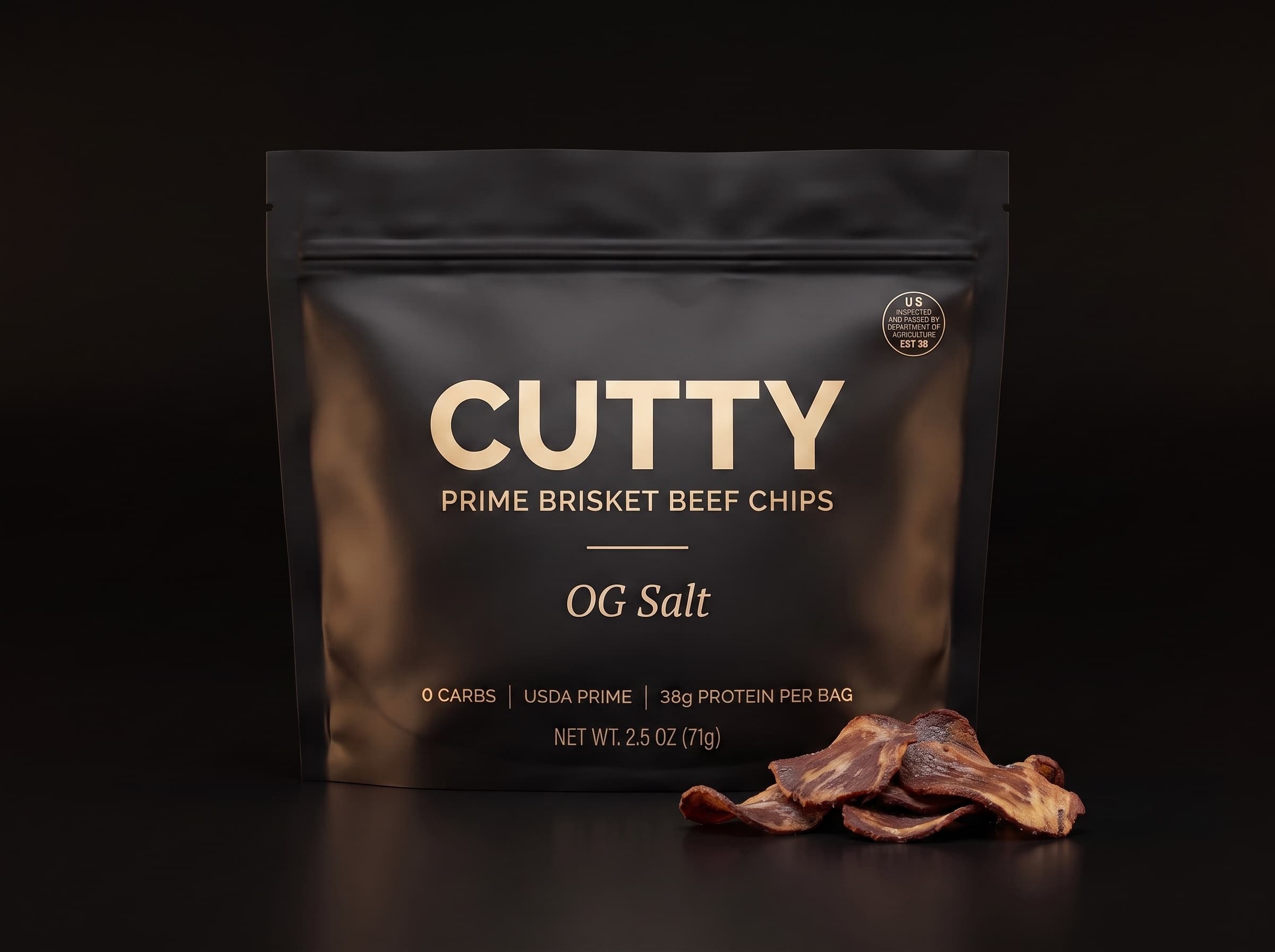 Matte-black CUTTY Prime Brisket Beef Chips pouch, lit head-on against black
