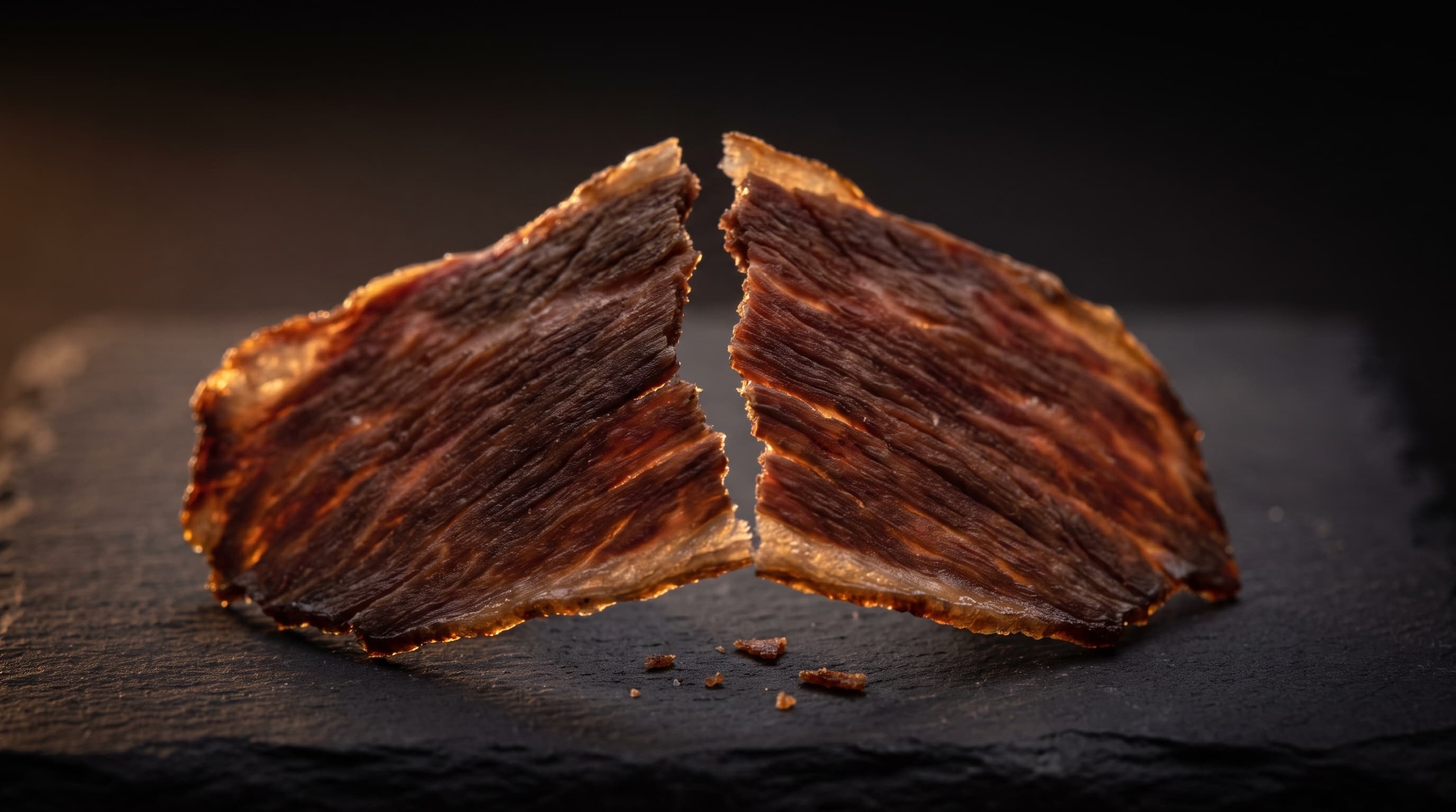 Extreme macro of a broken brisket chip, light catching the fractured torn edge against black