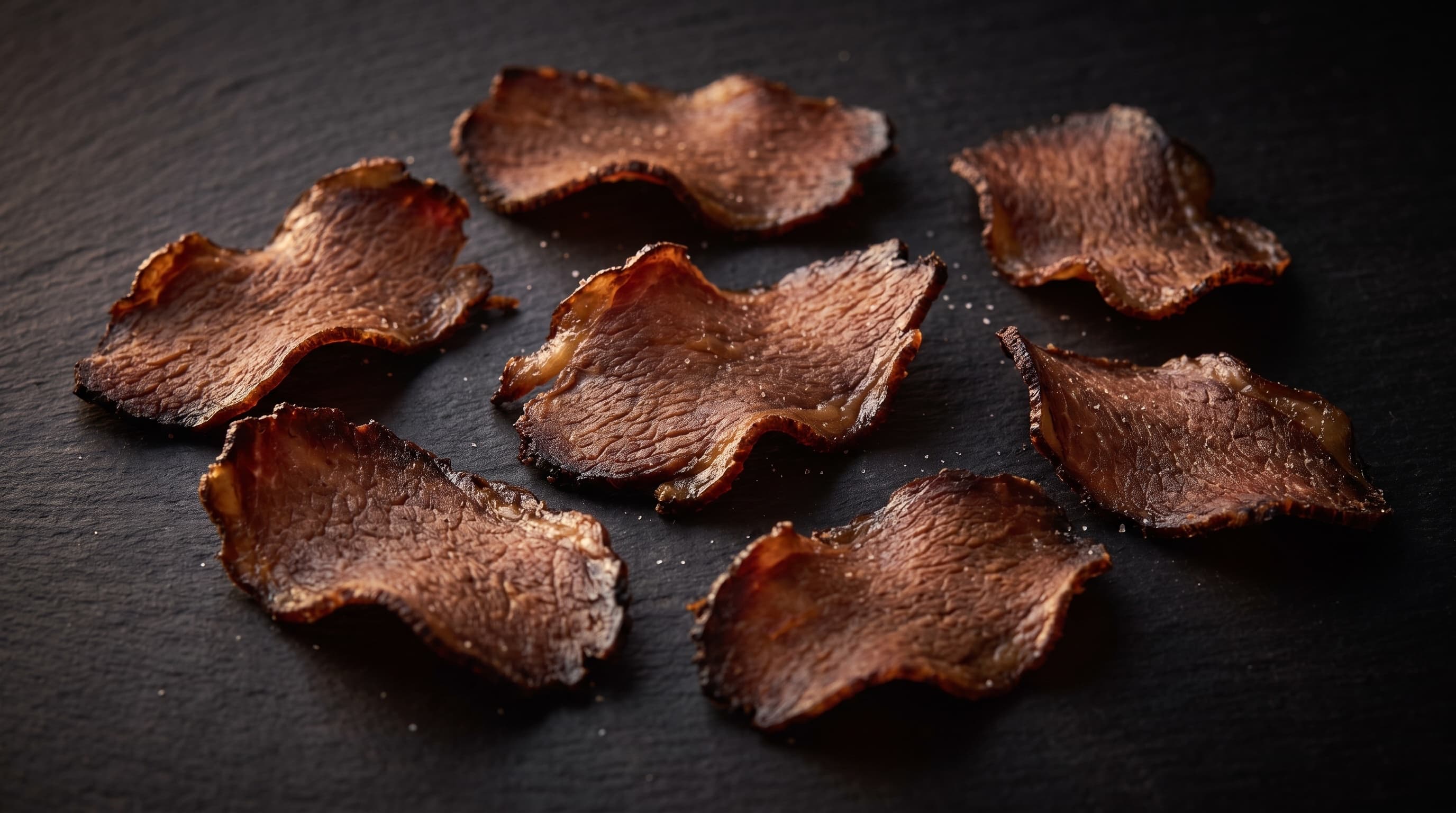 Overhead view of thin hand-cut prime brisket chips on black slate